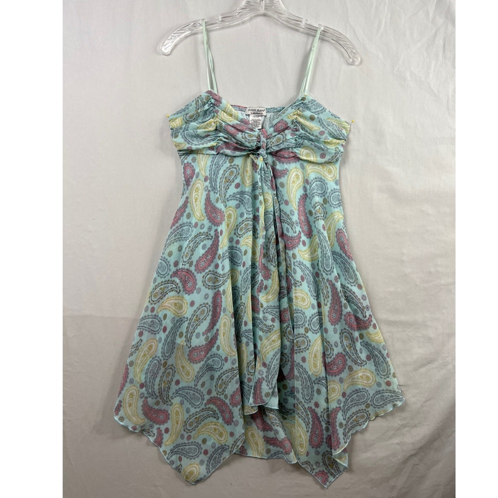 Guess Jeans Y2k Paisley Mini Dress Womens Small Blue Handkerchief Hem Boho